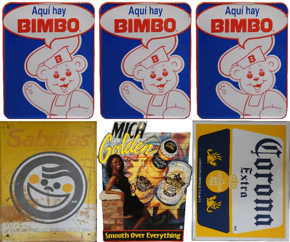 *Seven enamel and tin alcohol advertising signs, comprising; 'Corona Extra', 49 x 44cm, 'Michelob