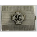 A silver cigarette case with applied Swastika on Iron Cross insignia, 11.5 x 8cm.