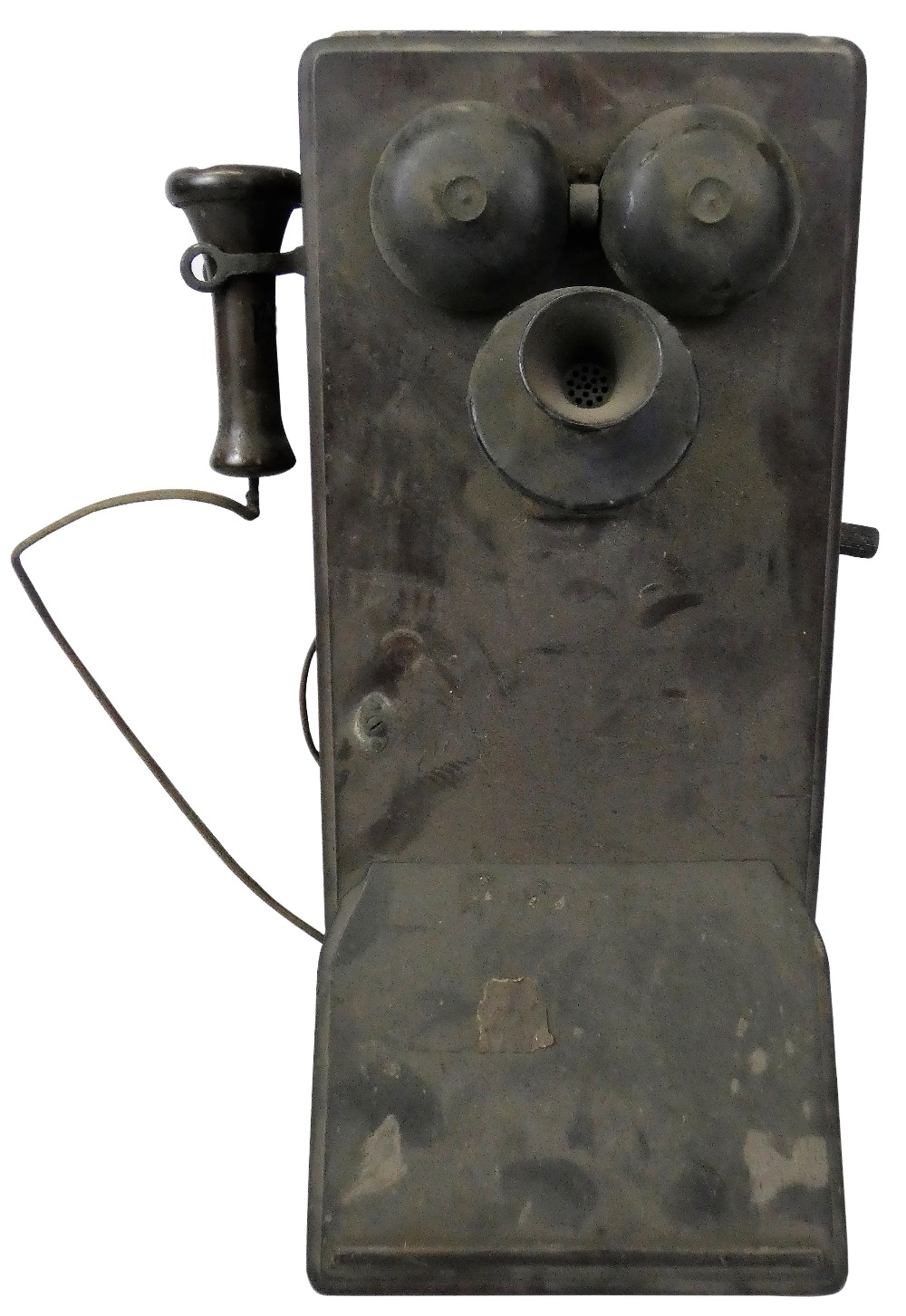 An early cased wall telephone, with inner mechanism, no visible makers mark, 56cm tall.