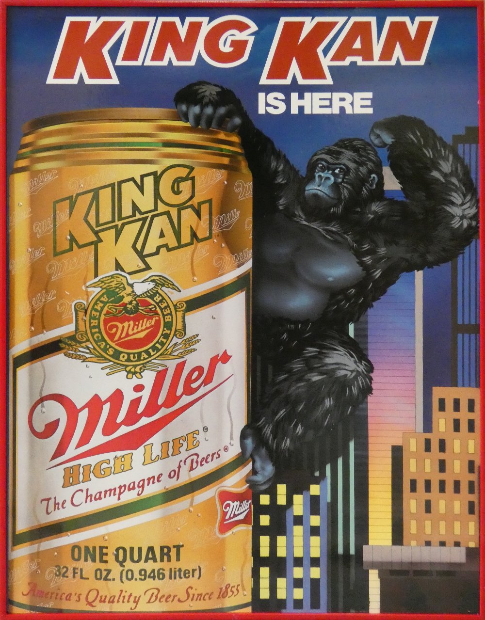 *A pair of Miller Beer "King Kan is here" advertising signs, both mounted in red frames, 58 x - Image 2 of 3