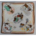 A silk handkerchief printed with detail from wartime propaganda posters, in the "Careless Talk Costs