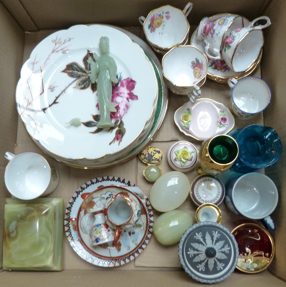 Two boxes of miscellaneous china and glass, including six rose painted D&C plates from Limoges,