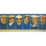 A naval print WWI entitled "Told to the Marines" by Noel Pocock, depicting six caricatures of