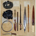 A collection of native knives and spears, together with a 19th century Sikh Chakkar/Chakram and a