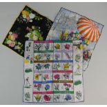 Three silk handkerchiefs, one French designed showing a season's flower planting, one depicting