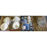 A box of mainly Wedgwood, some boxed, together with a box of glassware including wine glasses with