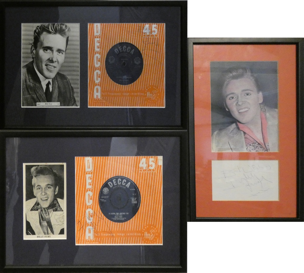 A signed and framed photograph of Billy Fury, together with a pair of signed 45RPM vinyl records