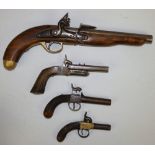 A reproduction flintlock pistol, together with a double-barrelled pinfire pistol, a small percussion