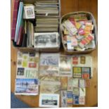 A box of postcards, stamps, etc., together with a collection of matchbox covers (3)