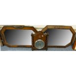 Two oak framed octagonal bevelled edged wall mirrors with an Acme barometer mounted on oak plaque (