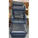 An electric recliner in blue leatherette with matching footstool