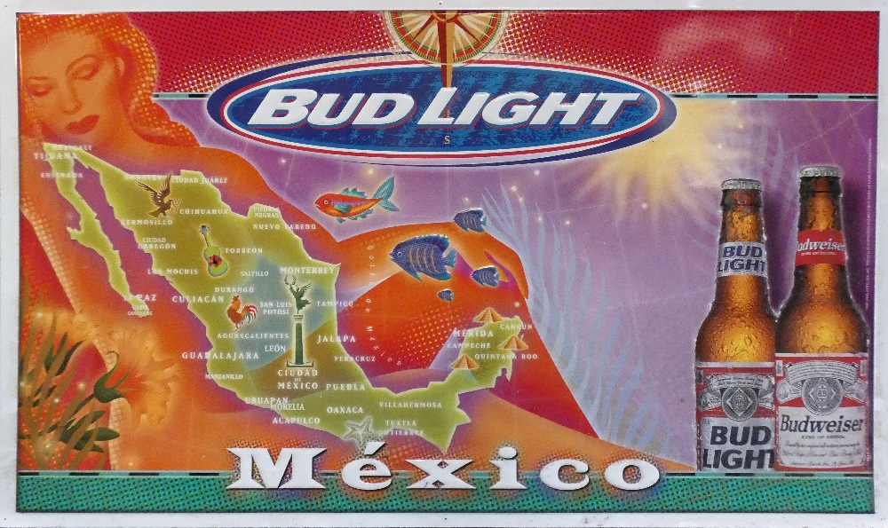 *A Mexican Budweiser 'Bud Light' enamel and tin advertising sign, dated 1998, measures 155 x 91cm.