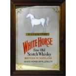 A large mirrored pub advertising sign for 'White Horse Fine Old Scotch Whisky', measures 69 x 94cm.