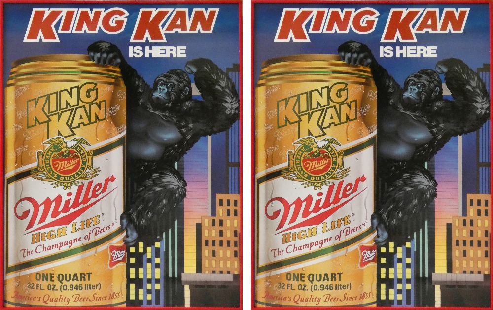 *A pair of Miller Beer "King Kan is here" advertising signs, both mounted in red frames, 58 x