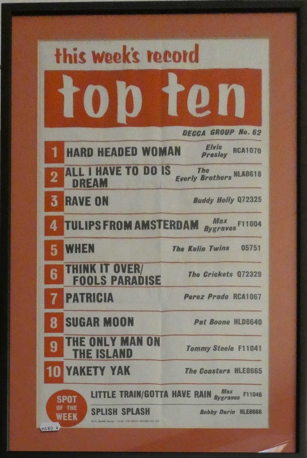 A framed Decca Group No. 62 'Top Ten' poster, dated 1958, 'Hard Headed Woman' by Elvis Presley at - Image 2 of 3