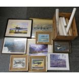 A selection of military framed and unframed prints including 'Over the Fence' signed print