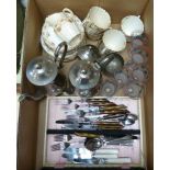 Cased cutlery, a plated tea service, Royal Albert part tea service, a set of glasses, pair of