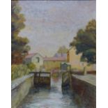 Arthur W Kestell, 20th century, 'The Old Lock', Wansford, oil on board, Ferens Exhibition 1967 and