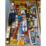 A tray of mainly loose die cast and figures by Corgi, Matchbox, Siku, etc.