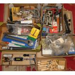 Seven boxes of tools including spanners, saws, sockets, screw drivers, door furniture, brand new