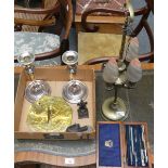 A pair of silver plated candlesticks, geometry set, brass sundial, Meerschaum pipe, a four branch