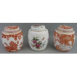 A pair of Royal Crown Derby ginger jars with covers, 'Red Aves' pattern, date code for 1982,