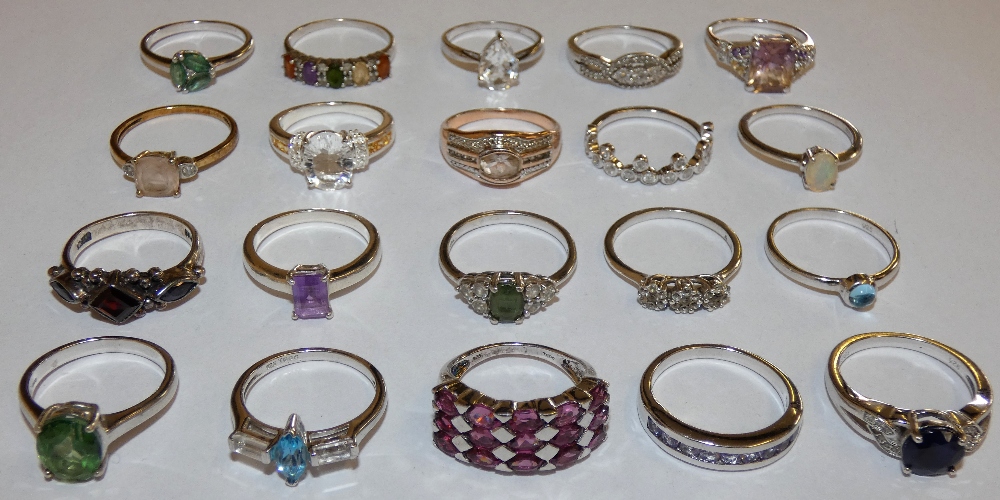 Twenty silver multi gem set dress rings