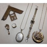 A 'Suarti' silver and gemset bracelet, a silver locket, a masonic pendant, silver ring and other