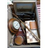 A box of miscellaneous including barometer, brass set, hunting horn, hip flask, 'priest' made from