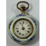 A Swiss enamel and gilt metal fob watch, the white glass dial with Roman numerals, the back cover