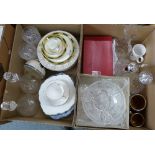 Two boxes of glass and china including a pair of decanters, claret jug, boxed crystal glasses,