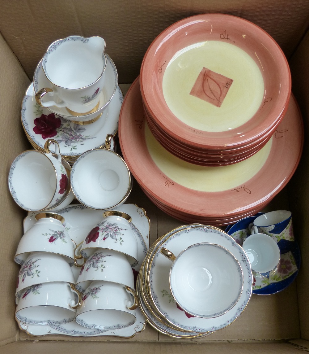 A box of glassware, a box of tableware including Royal Stafford tea service, fish dish,