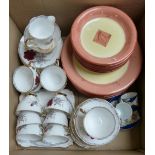 A box of glassware, a box of tableware including Royal Stafford tea service, fish dish,