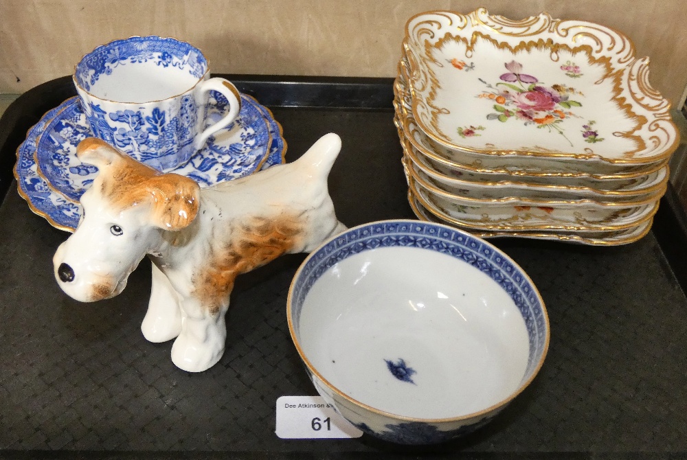 A Sylvac terrier, Spode trio, Chinese Blue+ White slop bowl and a set of Dresden plates