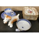 A Sylvac terrier, Spode trio, Chinese Blue+ White slop bowl and a set of Dresden plates