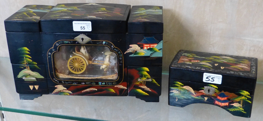 A Japanese lacquered musical jewellery box with an unusual feature of a rickshaw contained within - Image 2 of 2