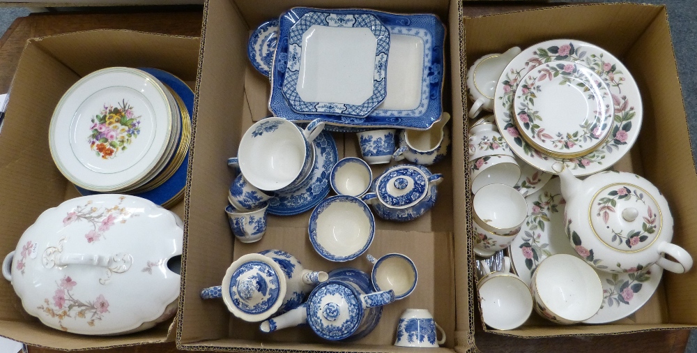 A Wedgwood tea service, box of blue and white, Aynsley plates together with other plates and tureens