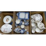 A Wedgwood tea service, box of blue and white, Aynsley plates together with other plates and tureens