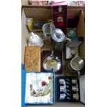 A box of miscellaneous including napkin ring set, hip flask, pewter jug, tankards, watch, die