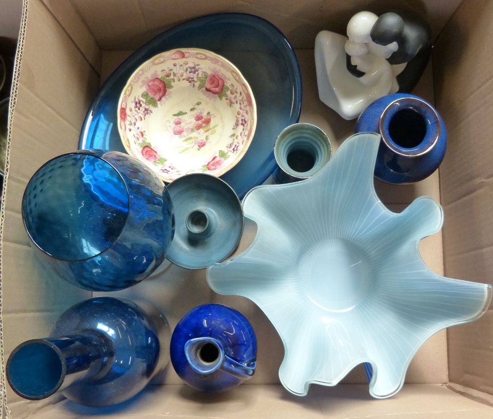 A box of china and glass including blue glass, bottle, large glass, dish and envelope dish and a