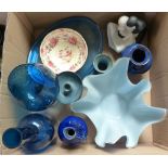 A box of china and glass including blue glass, bottle, large glass, dish and envelope dish and a