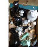 A box of mainly cat figures but also including Sylvac pieces, acorn, and bird. Together with another