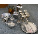 A box of plate and other metalware including a set of goblets, tea service, brass and copper ice