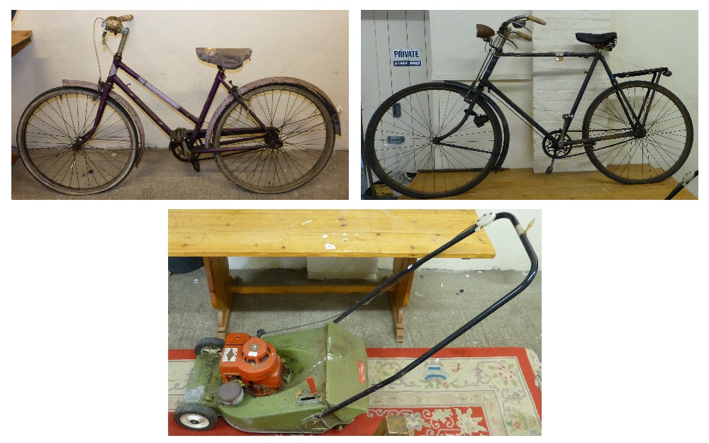 An early gent’s large frame cycle together with a ladies cycle and a Hayter 3.5 horse power petrol