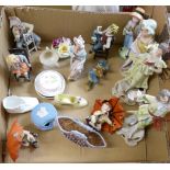 A large figurine and a box of figurines including glass basket, Wedgwood, trinket box, and three