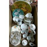 A box of miscellaneous including sandwich set, Avon coffee set, wall plaque, tea service, plated egg