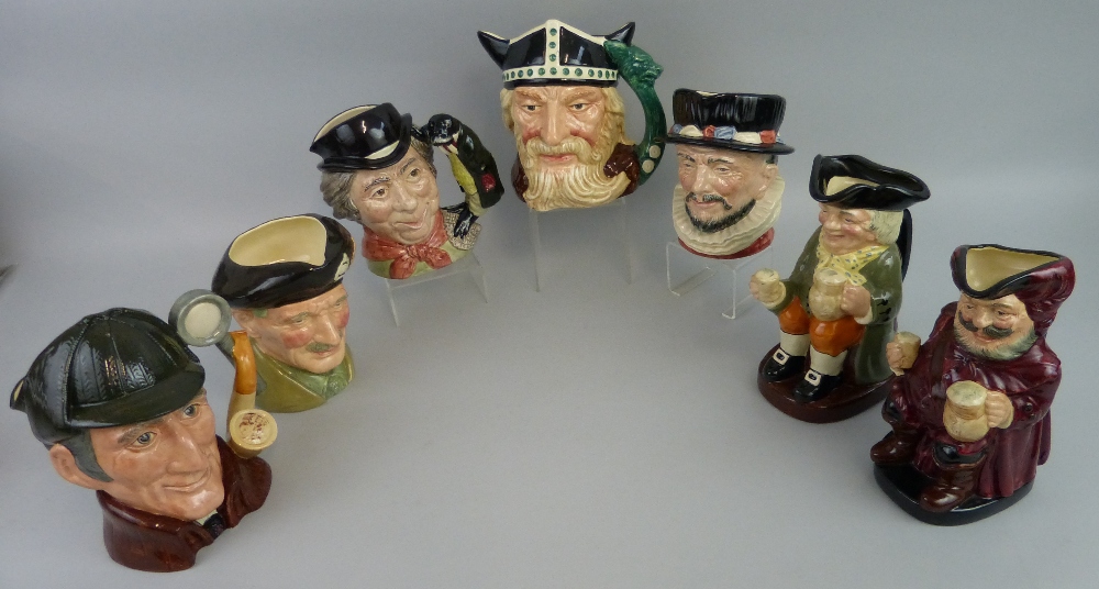 Royal Doulton character jugs - large, The Sleuth D6631, Sir John Falstaff 8328, Happy John and Monty