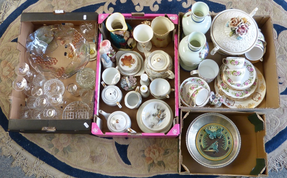 A box of glassware together with two boxes of china including a pair of vases, Crown Staffordshire