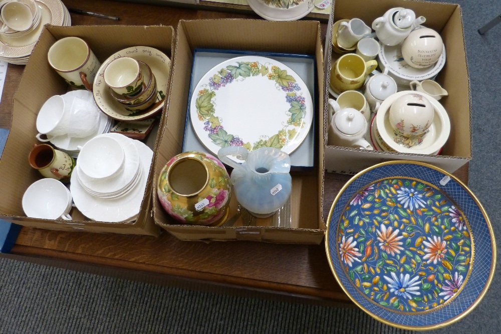 Three boxes of china and glassware including Torquay ware, Wedgwood, Sylvac, Bunnykins china,