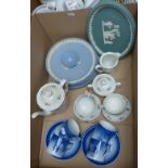 A box of blue and white together with Wedgwood Christmas plates, Royal Copenhagen Christmas cups and